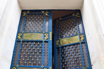 Vintage blue door of historical house in Chernivtsi, Ukraine	