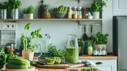 Fototapeta na wymiar Fresh green detox smoothie in a glass carafe, surrounded by various leafy greens and herbs in a bright kitchen.
