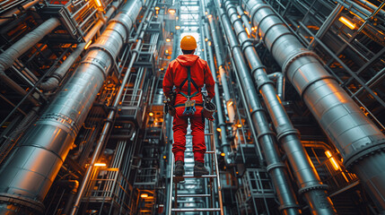 A man in workwear with a red jumpsuit, helmet, and engineering tools stands on a ladder in a building amidst the city's steel and metal structures. - obrazy, fototapety, plakaty