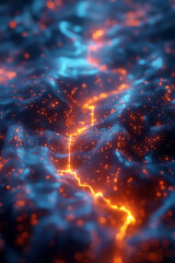Vibrant 3d illustration of a dynamic, glowing particle wave, representing digital data flow or network. Abstract digital landscape with glowing particles