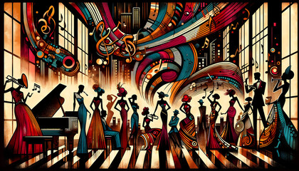 The stylized fashion illustration capturing the 1930's jazz club scene, a wide view of the vibrant and dynamic composition