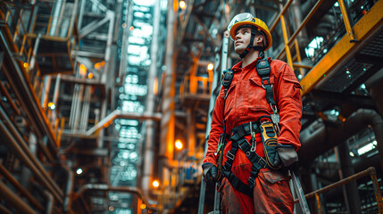 A man in workwear with a red jumpsuit, helmet, and engineering tools stands on a ladder in a building amidst the city's steel and metal structures. - obrazy, fototapety, plakaty
