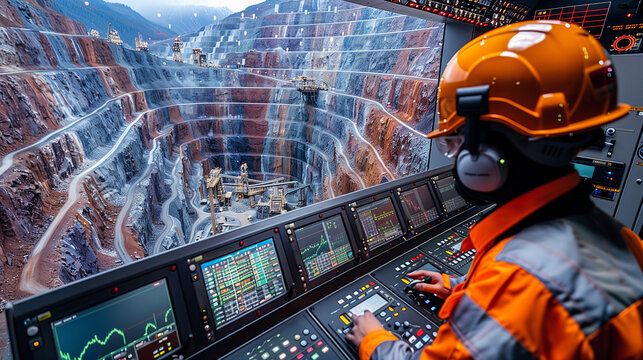 An engineer working in a control room in a vast mineral extraction site.