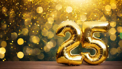 Banner with number 25 golden foil balloon. Twenty five years anniversary celebration. Golden bokeh - obrazy, fototapety, plakaty