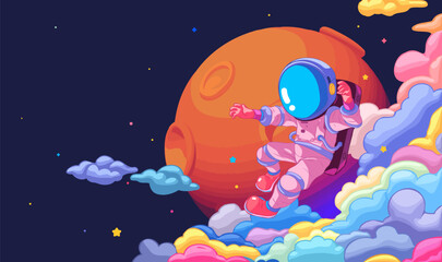 A horizontal illustration of astronauts exploring space with stars and planets in the background