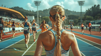 Rear view of a focused female athlete with a braided ponytail at the starting line, poised for a track race