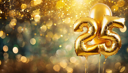Banner with number 25 golden foil balloon. Twenty five years anniversary celebration. Golden bokeh