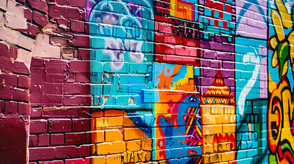 Colorful red yellow and blue graffiti on a brick wall.