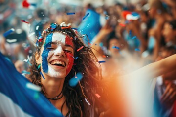 France soccer fan woman with national flag of france painted on her face.. Celebrating crowd in a stadium. Cheering during a match in stadium