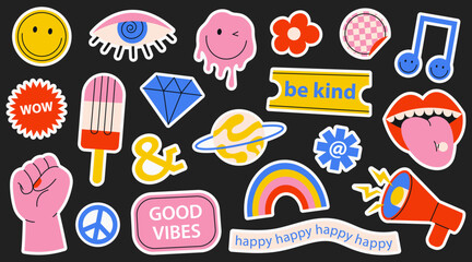 Colorful collection of various groovy stickers, patches and labels for decoration.