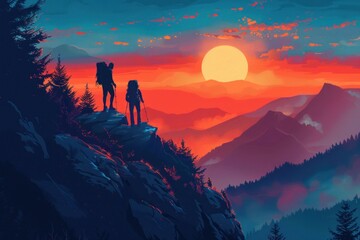 Obraz na płótnie Canvas Hiker helping friend reach the mountain top, Generative Ai illustration