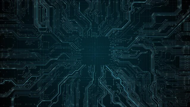 Animated circuit board. Digital technology background. Central computer processor CPU concept. Motherboard digital chip. PCB with free copy space for text or logo. Development 3D abstract backdrop