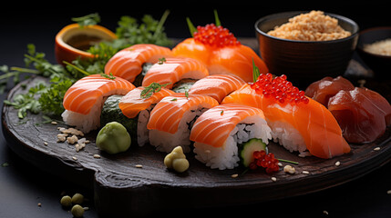 Japanese food is beautifully presented in a Japanese dish including sushi and sashimi garnished with herbs and spices. Professional food photography for restaurants