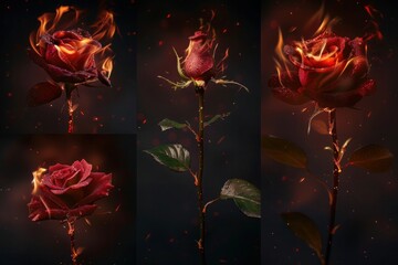 Red rose flower on fire dark background