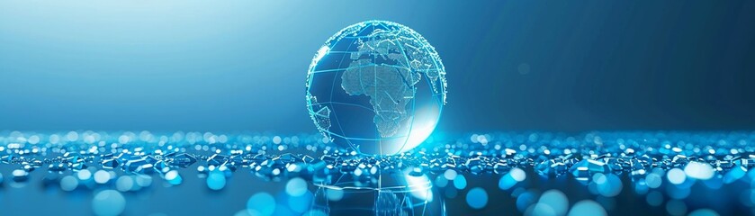 Luminous 3D globe icon with digital lines, standing out on a gentle pastel indigo backdrop - obrazy, fototapety, plakaty