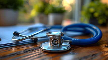 A medical stethoscope lies on a wooden table beside paperwork, symbolizing healthcare administration or patient care - obrazy, fototapety, plakaty