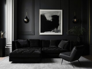 Living room interior in loft, industrial style, Classic loft interior with black wall panel and moldings.
