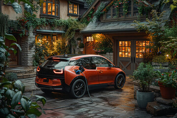 Fototapeta premium Electric car parked at a charging station conveniently located in the yard of a cozy house surrounded by lush greenery. Innovative technology and transportation concept