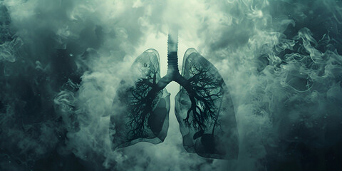 Smoky Lungs of sick person from which tobacco smoke comes, a diseased destroyed lung, anatomical silhouette. generative ai 