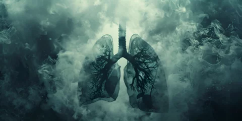 Fotobehang Smoky Lungs of sick person from which tobacco smoke comes, a diseased destroyed lung, anatomical silhouette. generative ai  © Malaika