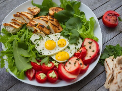 A colorful and appetizing plate features a combination of grilled chicken, sunny-side-up eggs, fresh vegetables, and sliced tomatoes, creating a balanced and healthy meal.