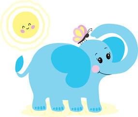 Obraz na płótnie Canvas Cute vector blue elephant. Summer illustration of African animals. Pink butterfly bright smiling sun. Printable kids activity collection. Little tiny elephant with big trunk. Funny light child color