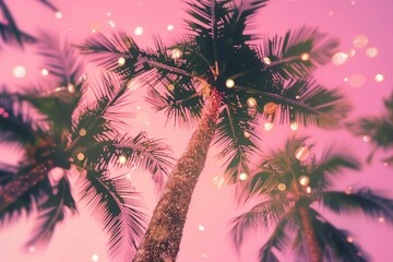 palm trees covered in golden glitter pink sky in the background, summer vibes