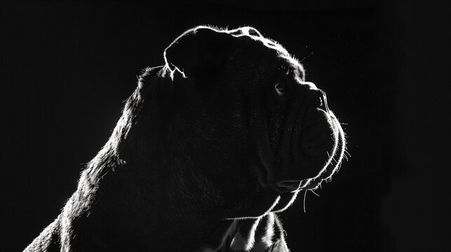 /imagine A silhouette of an English Bulldog, its wrinkled face and stocky build highlighted against a black background. The image captures the breed's courageous yet loving nature.