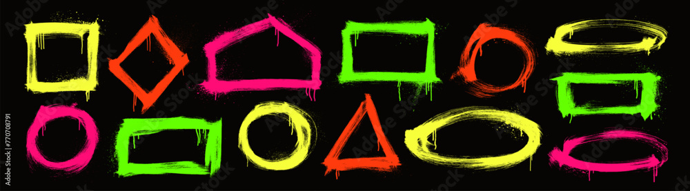 Poster Abstract geometric colorful shapes in graffiti style with spray and drips. Hand drawn grunge geometric frames.