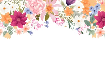 Floral backdrop decorated with gorgeous multicolored blooming flowers and leaves border
