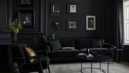 Modern luxury living room interior background, living room interior mockup, interior with black walls, dark interior of living room with black wall, chair, and wooden console