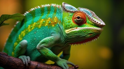 Fototapeta premium A green chameleon sits on a brown branch, looking at the camera.