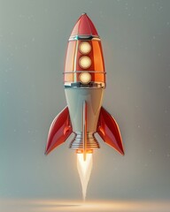 3D rocket launching, vibrant on a soft space grey background