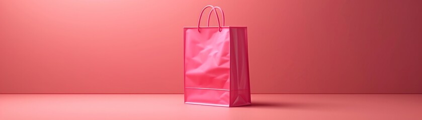 3D shopping bag icon, standing out on a gentle pastel fuchsia backdrop, denoting modern shopping - obrazy, fototapety, plakaty