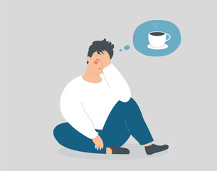 Sleepy man sitting thinking about a cup of coffee in the morning. Tired person has Caffeine addiction. Teenage boy with low energy needs to drink coffee. Vector illustration