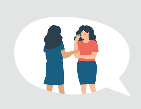 The woman listens to her friend, supports her, and sympathizes with her. Communication or chat between an introvert and an extrovert. Concept of toxic friendship, empathy and unhealthy communication.