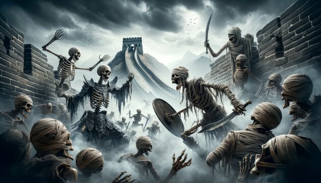 A battle between skeletons and mummies, with shields and swords, with fog, in the background the Great Wall of China, with a dark and cloudy sky.