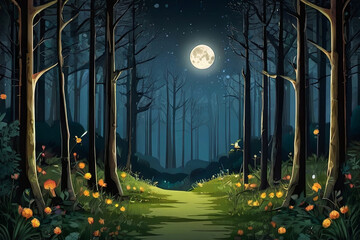 Enter a mystical realm with an abstract fairy tale forest landscape under the enchanting glow of a full moon