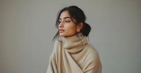 Elegant Simplicity: Stylish Indian Woman in Oversized Beige Sweater generative ai