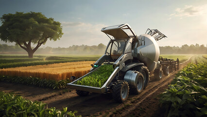 A gracefully reaping villager effortlessly gathers his bountiful crops thanks to advanced technology. The scene depicts a futuristic farming method in a captivatingly detailed photograph - obrazy, fototapety, plakaty