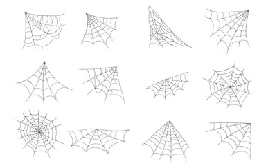 Halloween cobweb, frames and borders, scary elements for decoration. Hand drawn spider web or cobweb. Line art, sketch style spider web elements, spooky, scary image. Vector illustration.
