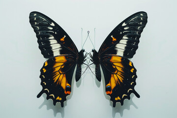 Mirror image butterfly silhouettes, wings touching, symmetrical beauty, white background.