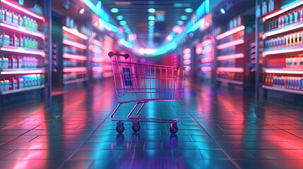 a shopping cart in a contemporary mall, bathed in neon light, hinting at a cyberpunk influence on today's consumer habits and shopping environments. - obrazy, fototapety, plakaty