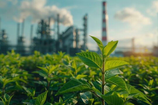 Decarbonization, featuring a vibrant green plant in the foreground with a CO2