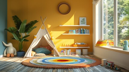 A 3D render of a bright and colorful children's room featuring a large mockup frame on a pastel-colored wall.