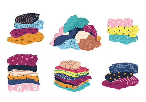 Stack of clean, ironed and dirty items of clothing. Set of folded multicolored clothes, apparel and garments, including sweaters, plaid, shirts, blanket. Isolated vector illustrations on white.