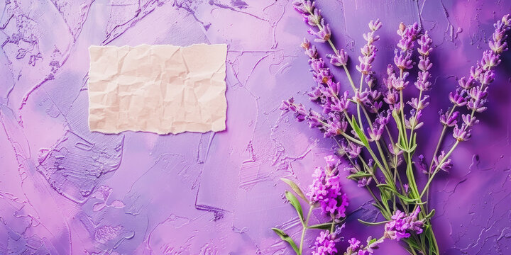 Mockup / Close up of bouquet of violet purple lavendulan lavender branches ( Lavandula angustifolia ) flowers herbs with empty label, on purple paper texture table background, top view