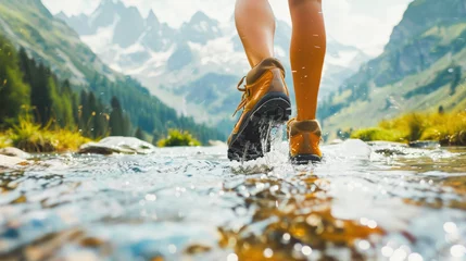 Poster Rear view of hiking hiker walking traveler mountains landscape adventure nature outdoors sport background, panorama - Closeup of feet from a woman with hiking shoes © Rup-pa