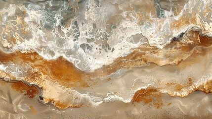 An abstract interpretation of a soft sea wave on the sandy shore, focusing on the patterns and textures created by the water and sand.