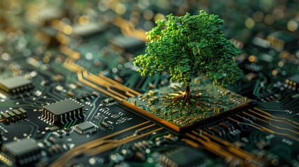 Digital green tree on computer circuit board, innovation and sustainability concept, Generative AI illustration